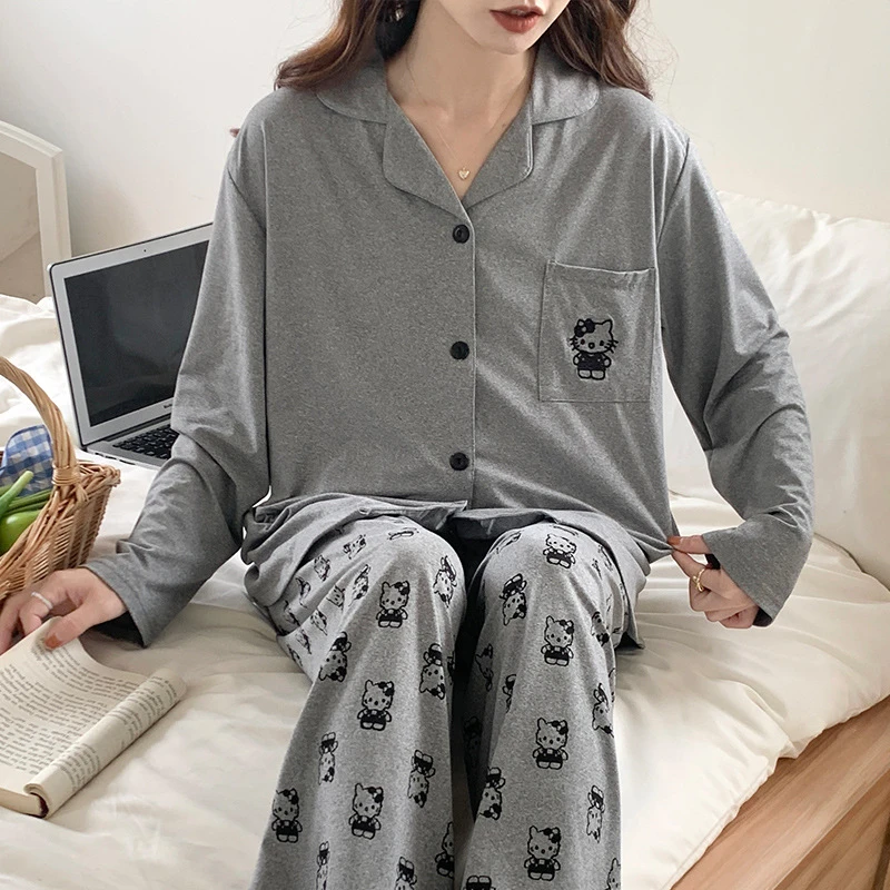 Autumn Women Pajamas Set Two Pieces Sleepwear Lapel Button Cardigan Outfits for Women Long-Sleeved Homewear Girls Pajamas