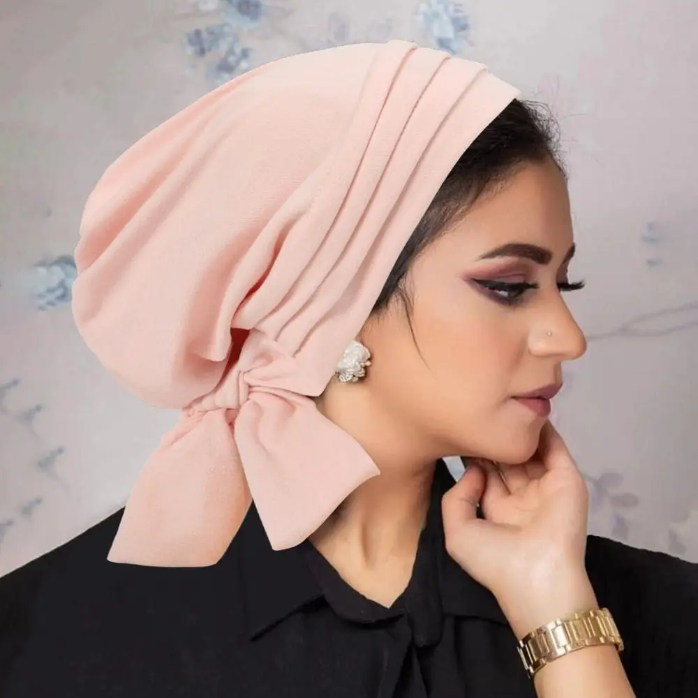 New Pre-Tied Muslim Women Hijab Bonnet Ruffle Solid Color Turban Chemo Cap Mujer Suede Surface Islamic Cancer Headwear Scarf