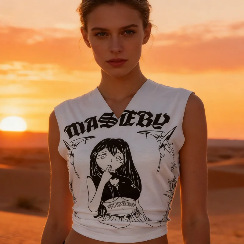 2026年夏 欧米風 レディース ノースリーブ 漫画プリント カジュアル ルーズTシャツ 快適 通気性 多用途 デイリーウェア