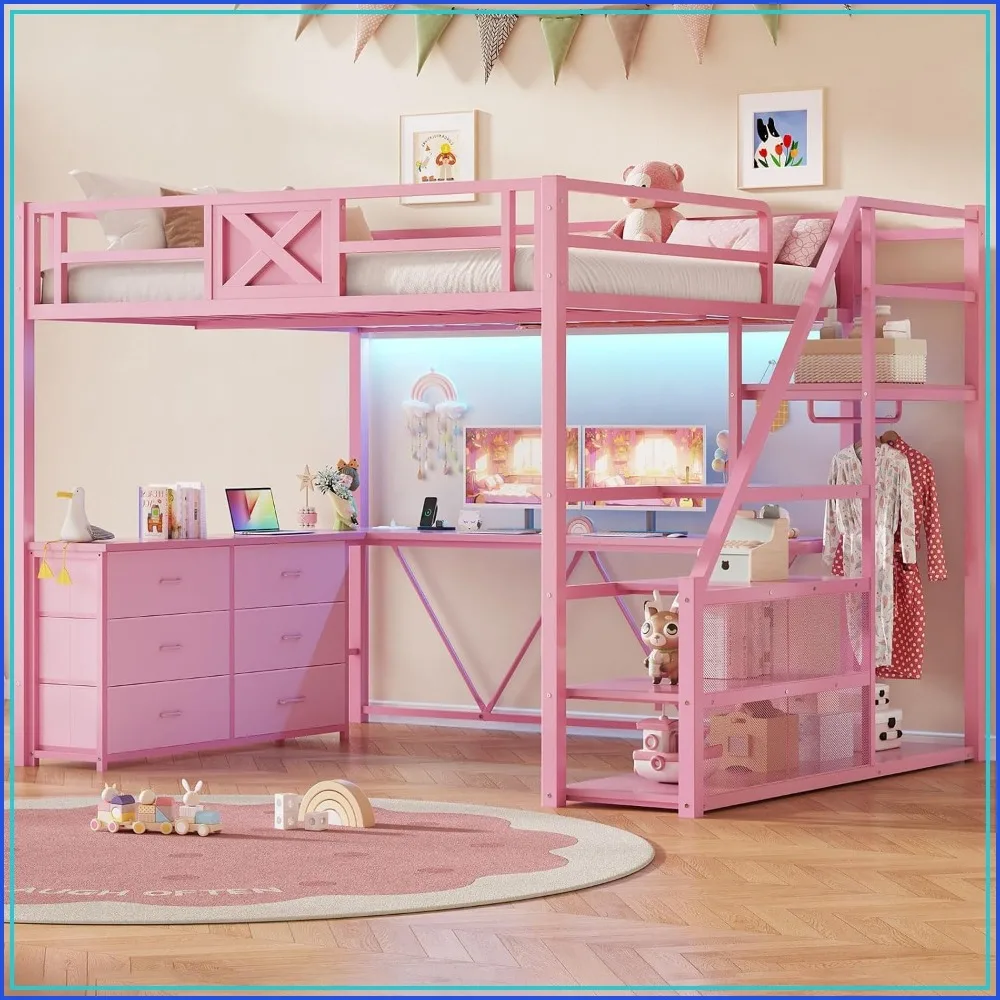 Full Size Metal Loft Bed with Desk, Storage Stairs, 6 Drawers, LED Lights, Pink