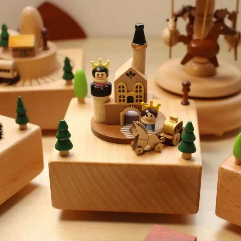 Caja de música con carrusel  madera, adornos Retro, caja Musical con manivela  dibujos animados para regalos  Navidad y cu