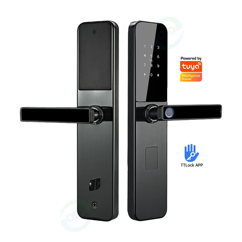 Brushed Gunmetal Smart Door Lock Space Grey Fingerprint Lever Handle Keyless Entry Home Security Tuya TTLock 5050 Mortise