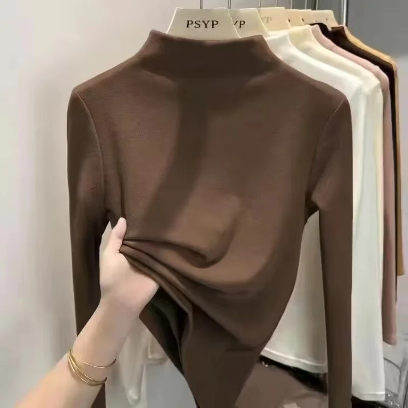 Mid neck semi high neck double-sided German velvet base shirt for women, autumn and winter with velvet inner top 2026 new warm T