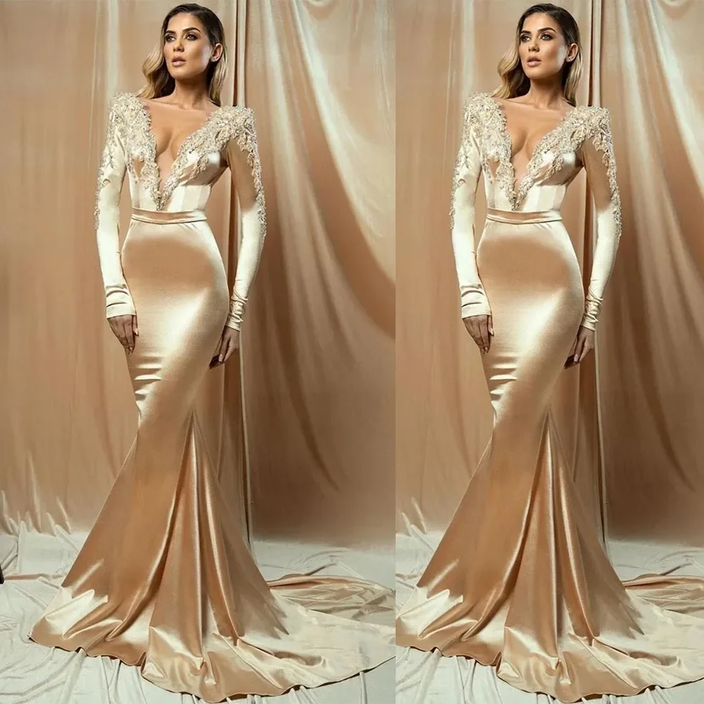 Sexy New Mermaid Ball Dress Decal Deep V-neck Evening dress Custom Long sleeve sweep train red carpet celebrity party dress