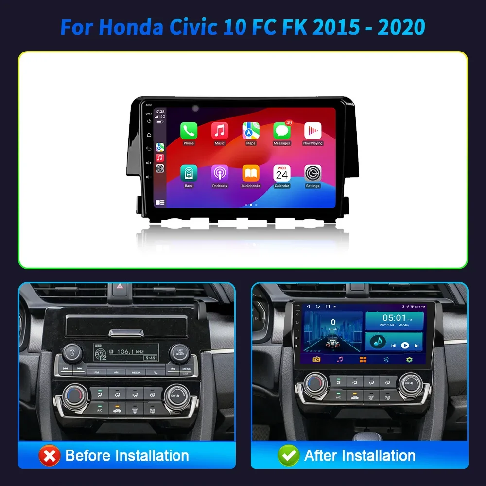 Wireless Carplay Stereo Screen Car Radio Multimedia Navigation Android 14 For Honda Civic 10 FC FK 2015-2020 Head Unit 2DIN WIFI