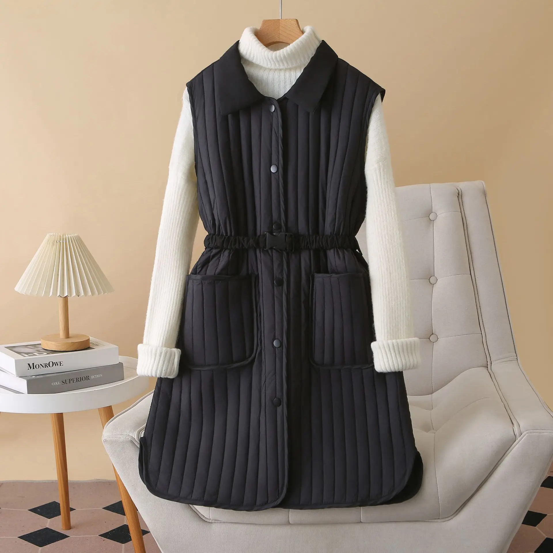 

XXXXL модная женская одежда больших размеров, парки, зимняя новинка, пояс средней длины, теплый мягкий жилет без рукавов с завязкой на талии 1757