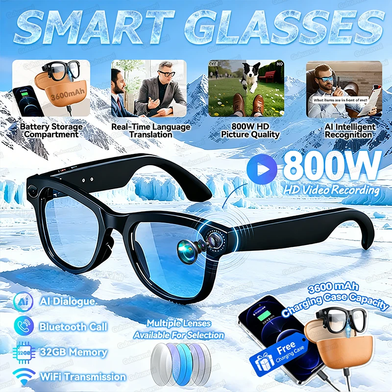 

2026New Upgrade Smart Glasses With Camera 3600mAh Power Bank 800W HD Photo Video Bluetooth Call Translation Voice Sunglasses Man