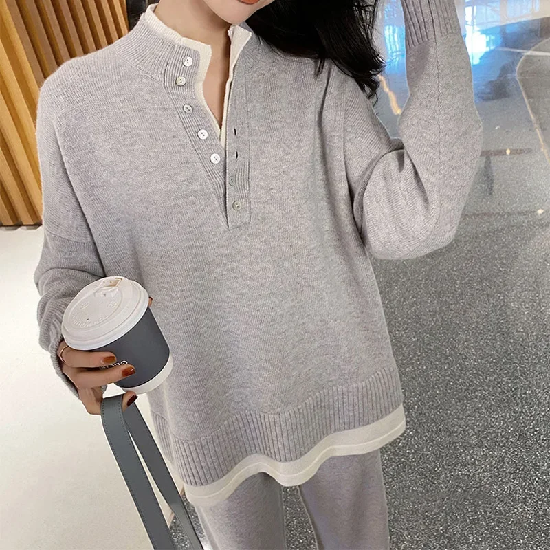 2023 New Autumn/Winter Fashion Korean Knitted Set Women\'s Casual Wide Leg Pants Two Piece Set Women