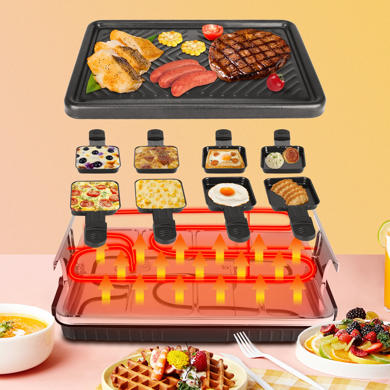 1300W Electric Indoor Searing Grill Bbq Grill Removable Grill Griddle Plates Smokeless Easy-to-Clean Nonstick Cooking Barbecue