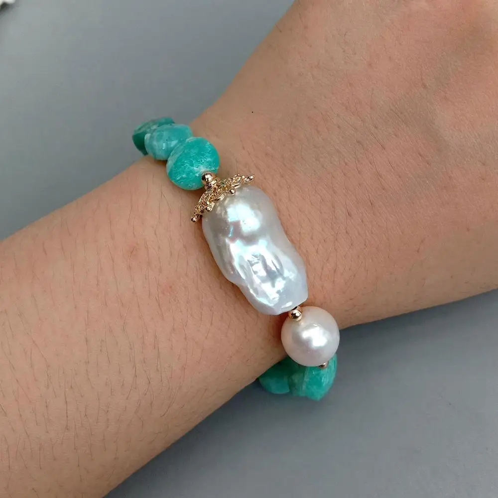 YYGEM 11mm Natural Green Peruvian Amazonite Coin Shape Beaded 15x28mm  Freshwater Cultured White Keshi Baroque Pearl Bracelet
