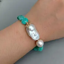 YYGEM 11mm Natural Green Peruvian Amazonite Coin Shape Beaded 15x28mm Freshwater Cultured White Keshi Baroque Pearl Bracelet