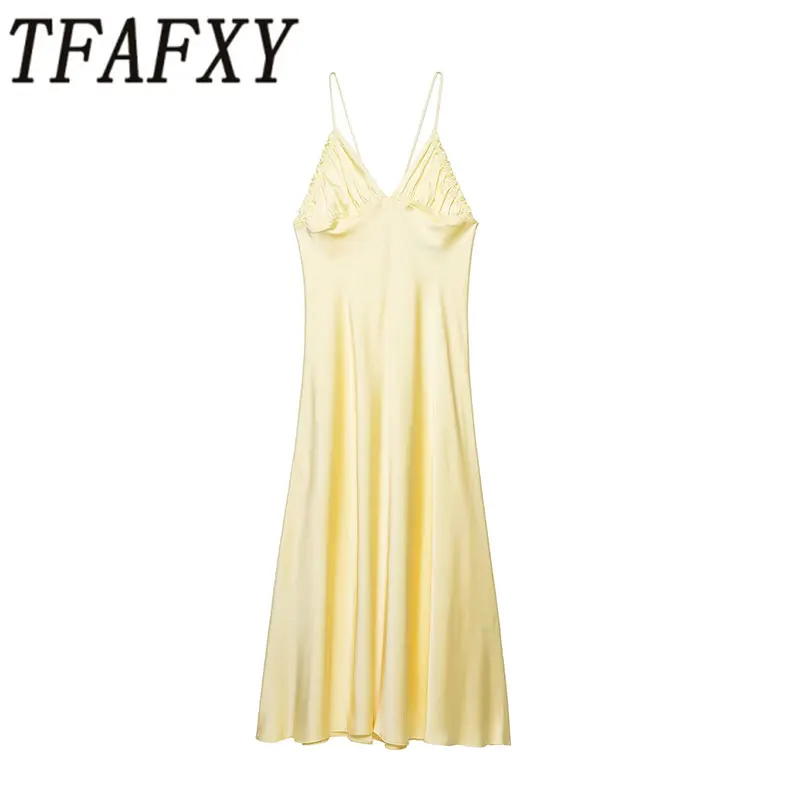 TFAFXY 2026 Sommer Elegantes Schickes Damenkleid V-Ausschnitt Rückenfreies Cami-Partykleid Modisches Urlaubs-Abendkleid Clubkleid