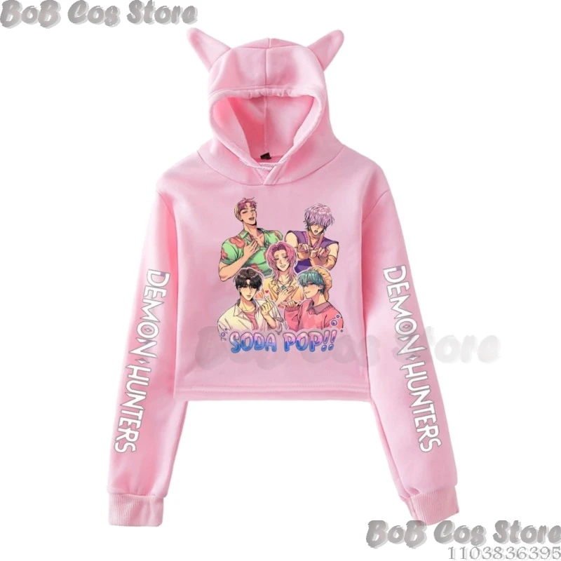 KP OPDemo NHunters Crop Saja Boys Soda Pop Rumi Zoe Top Hoodie Women Kawaii Cat Ear Harajuku Cropped Sweatshirt Cosplay Costume
