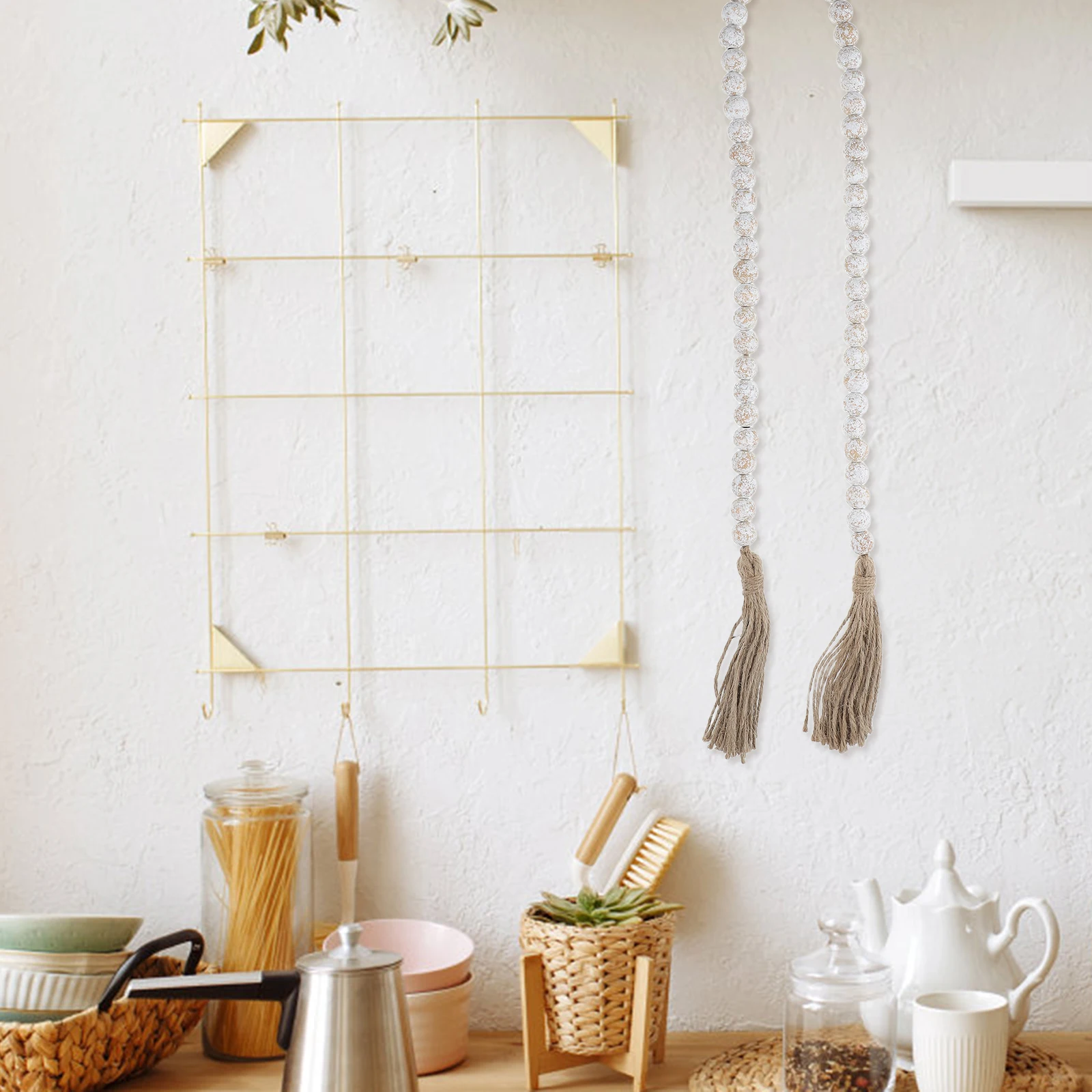 

1pc Rustic Wood Bead Garland With Tassels Natural Handmade Jute Farmhouse Decor Chain For Wall Door Window Country Style Garland