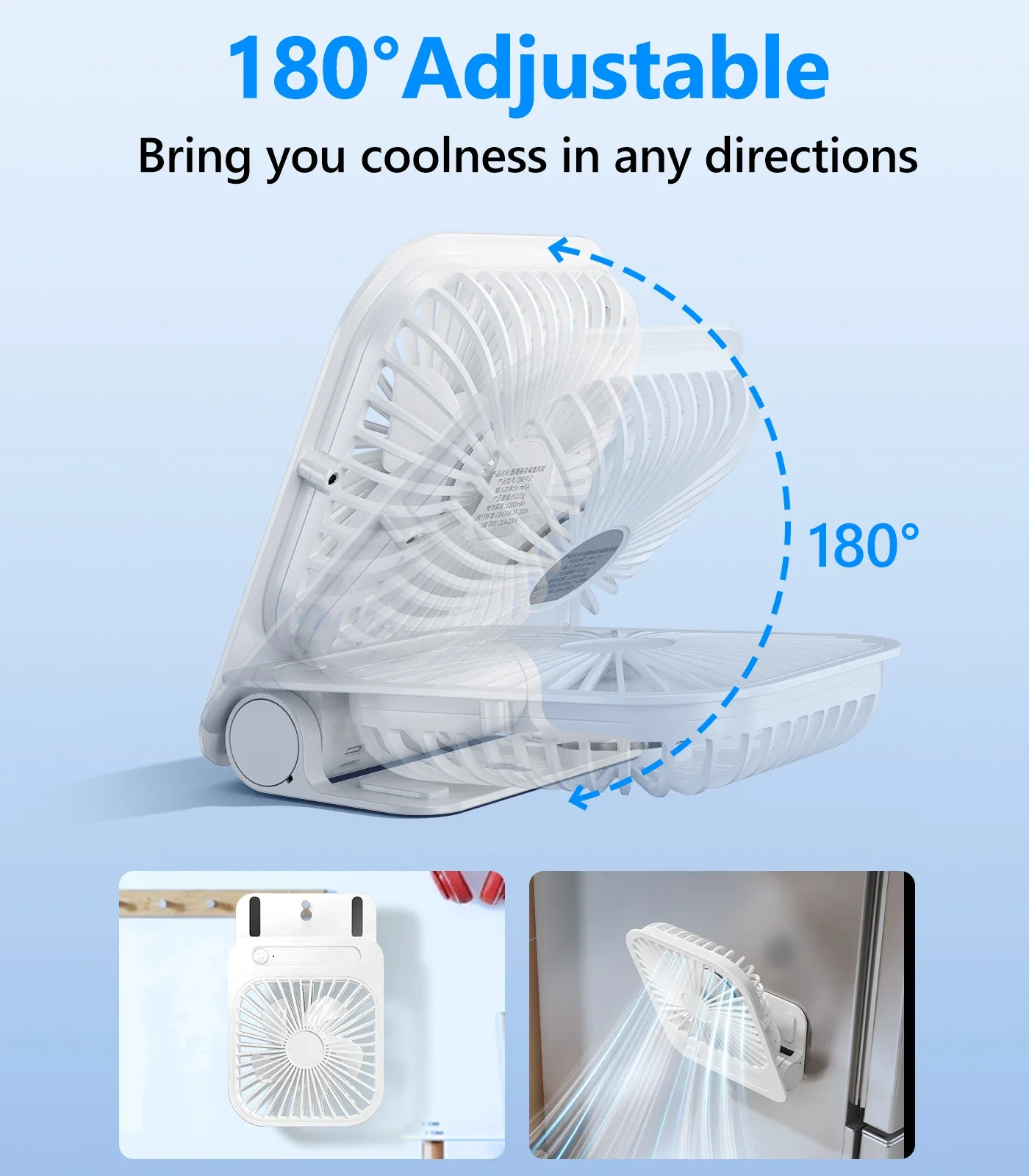 Portable Magnetic Fan With 1200mAh Battery Powered Usb Rechargeable 180 Adjustable 4 Speed Wind Ultra-thin Air Cooling Fan