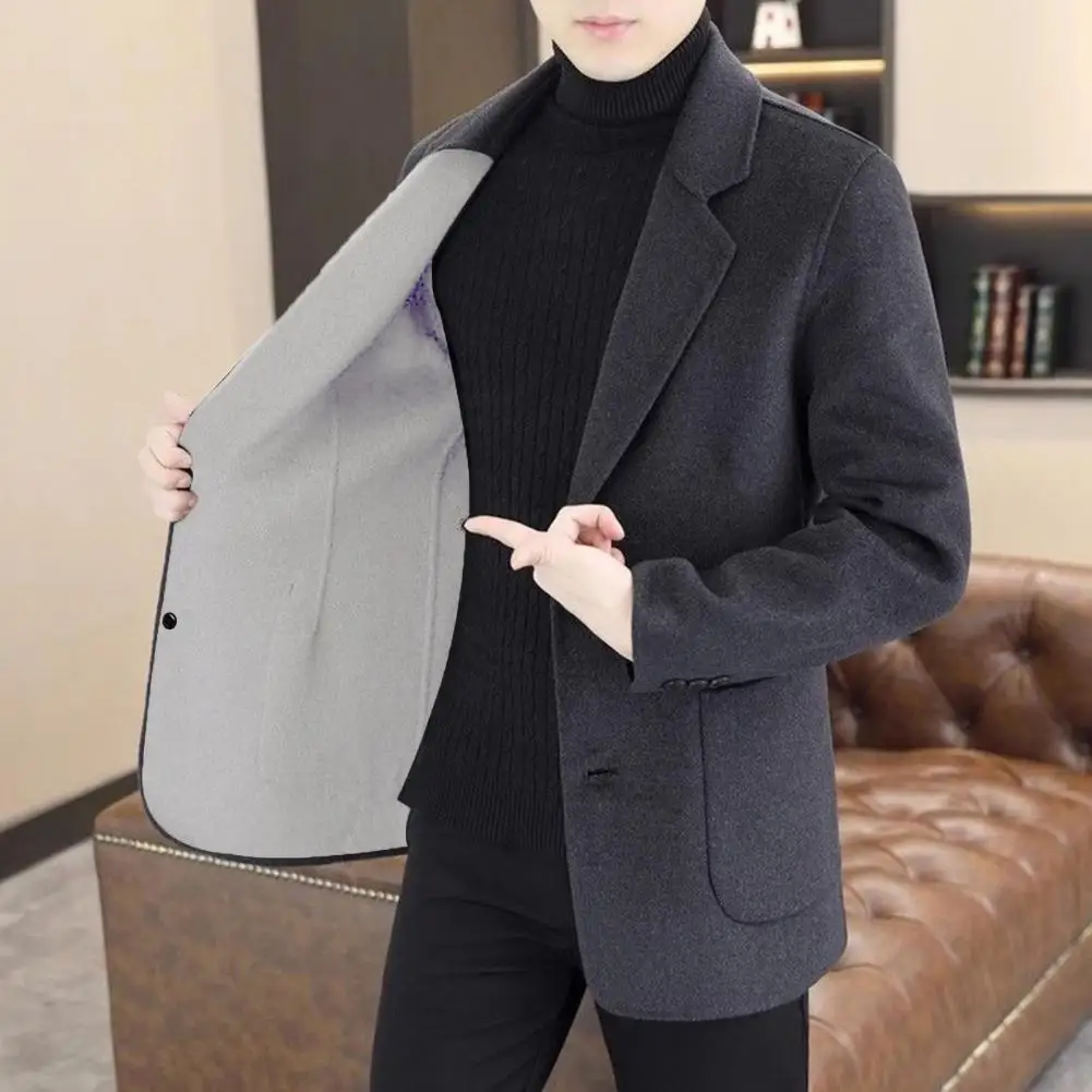 

Wool Suit Coat Lapel Long Sleeve Single Breasted Two-Button Jacket With Pockets Solid Color Suit Jacket Black Denim Male Wear