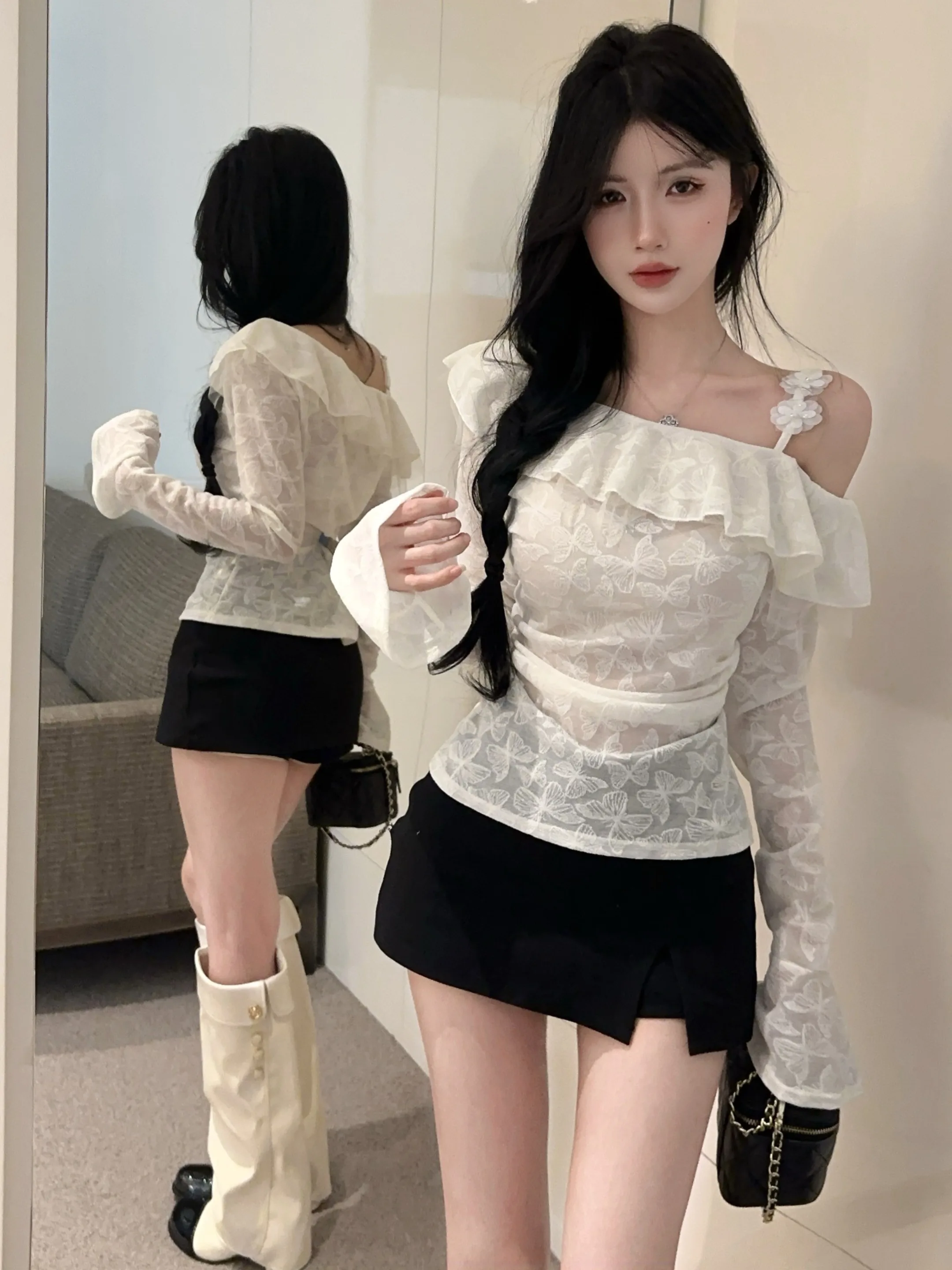 

Slim Fit Bell Sve Top Women's Faion Print Casual irt Korean Sle Commute Pure Color Long Sve T-irt