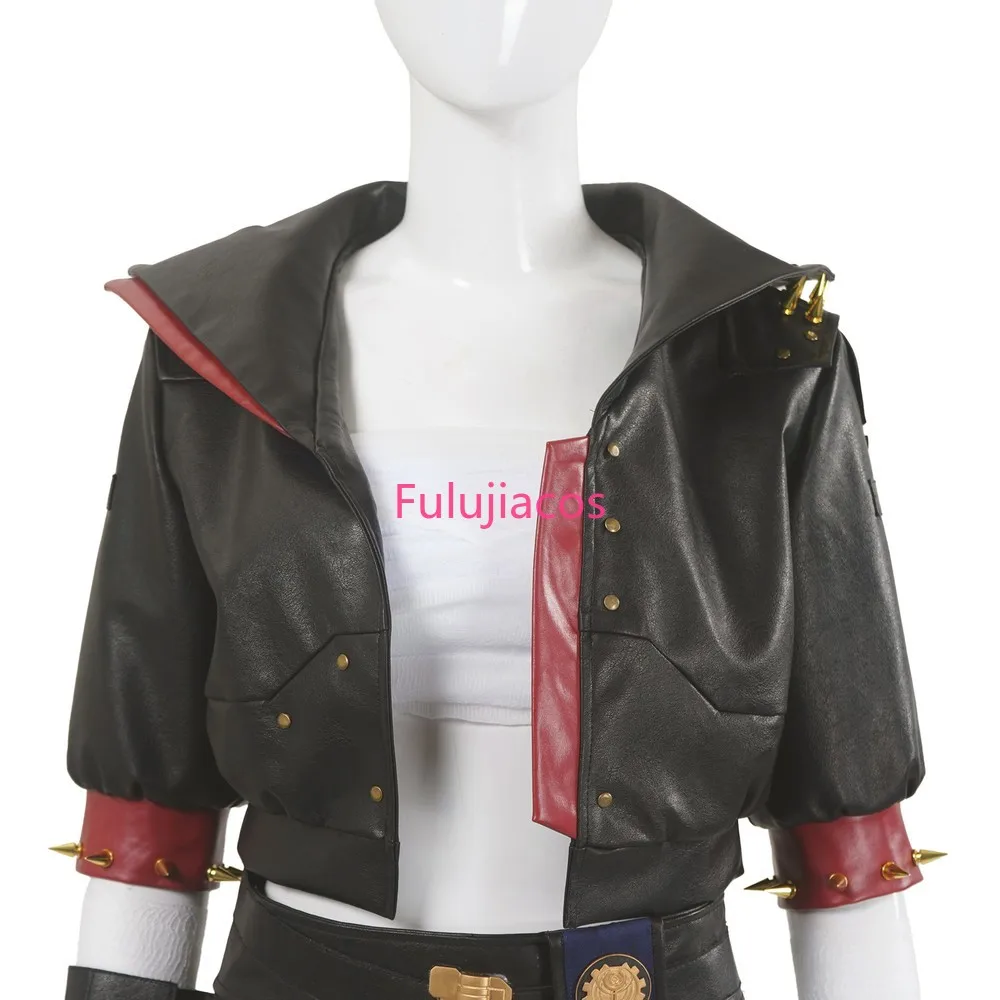 Fulujiacos Piltover Enforcer Cosplay Kostuum LOL De Piltover Enforcer Zwart Leren Jas