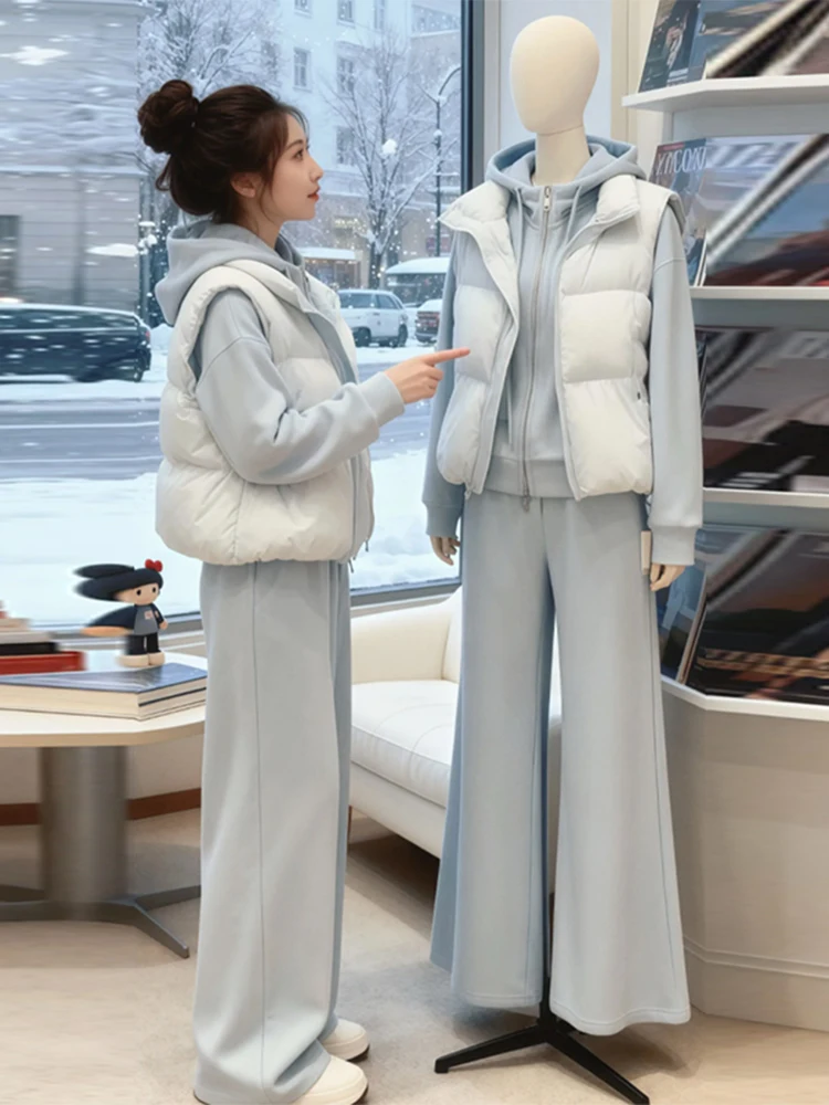 

Зимний модный комплект из высококачественного пухового хлопкового жилета, толстовки, спортивных брюк и футболки для женщин: повседневная одежда, удобный свободный крой