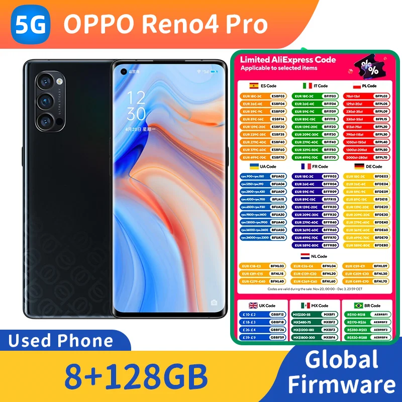 هاتف ذكي ممن لهم رينو 4 برو 5G يعمل بنظام أندرويد وذاكرة قراءة فقط 128 جيجابايت وشاشة AMOLED وبطارية 4000 مللي أمبير في الساعة وبطارية 63 وات وشحن جميع الألوان للهاتف المستخدم