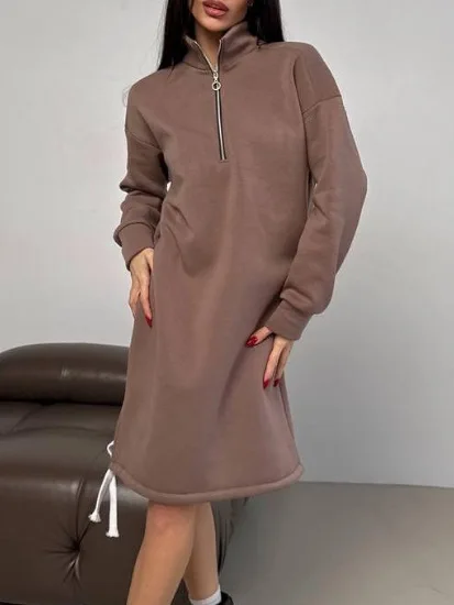

Autumn Winter New Thickened Dress Loose Stand Collar Zipper Long Sleeve Midi Warm Dresses Fashion Commuter Women Clothing
