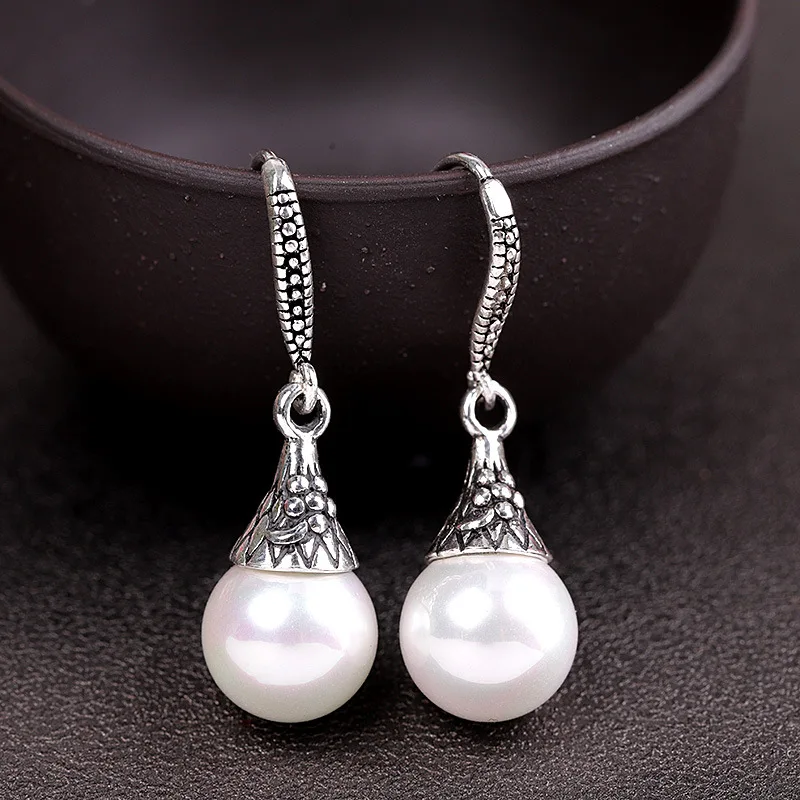 S925 Sterling Silver Earrings for Women New Fashion Ancient Pattern Simple Shell Beads Ear-drop Punk Jewelry Free Shipping