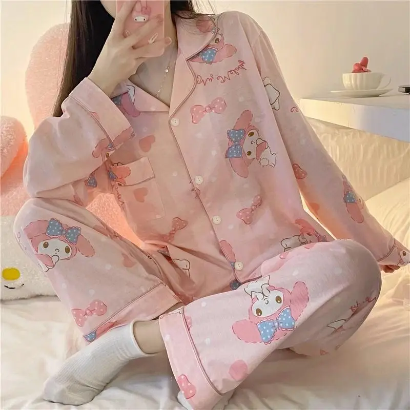 Sweet Cute My Melody Pajamas Women 2024 New Spring Autumn Long Sleeve Cartoon Sanrioed Student Home Clothes Outer Wear Girls