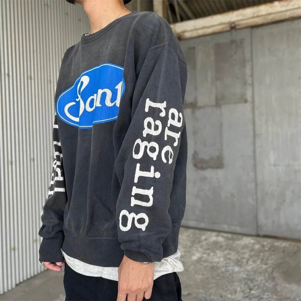 SAINT High Quality Letter Printed Vintage Round Neck Fleece Hoodie High Street Casual Loose Cotton Japanese Hip Hop Rock Street