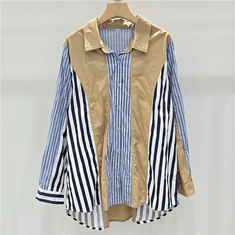 HKSH Primavera Autunno Nuove Donne Camicia Alla Moda Elegante Irregolare A Righe Patchwork Design Giacca Allentato Pigro Casual di Nicchia Magliette E Camicette HK12776