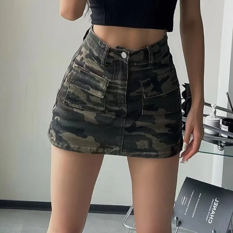 

American High Street Women Skirts Camouflage Retro Style Hotsweet Mini Fashion Clubwear A-line Gothic Harajuku Summer Pockets