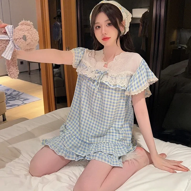 Plus Size Summer Ladies Pajamas Loungewear Set Princess Style Sweet Lace Plaid Short Sleeve Shorts Japanese Loose Homesuit 5XL