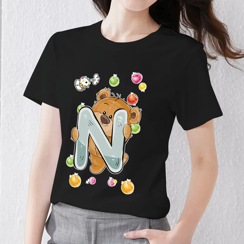 T-shirt oversize da donna in cotone a maniche corte con stampa orsetto e lettere inglesi, stile casual comodo