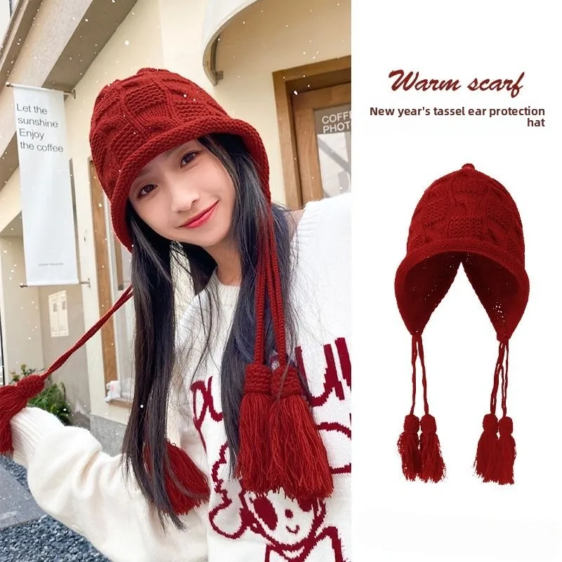 Stylish Cozy Autumn Winter Warmth Knitted Fringe Ear Flap Beanie for Women Oversized Head Circumference Face Slimming Hat