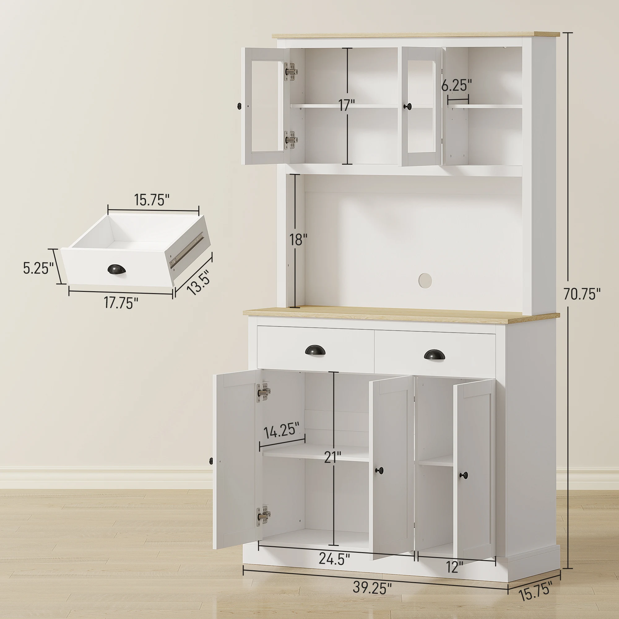 HOMCOM Kitchen Pantry Storage Cabinet with Microwave Stand, 71" Modern Kitchen Hutch with Open Countertop, Glass Doors, Storage Drawers and Adjustable Shelves for Dining Room, Coffee Bar, White image 3