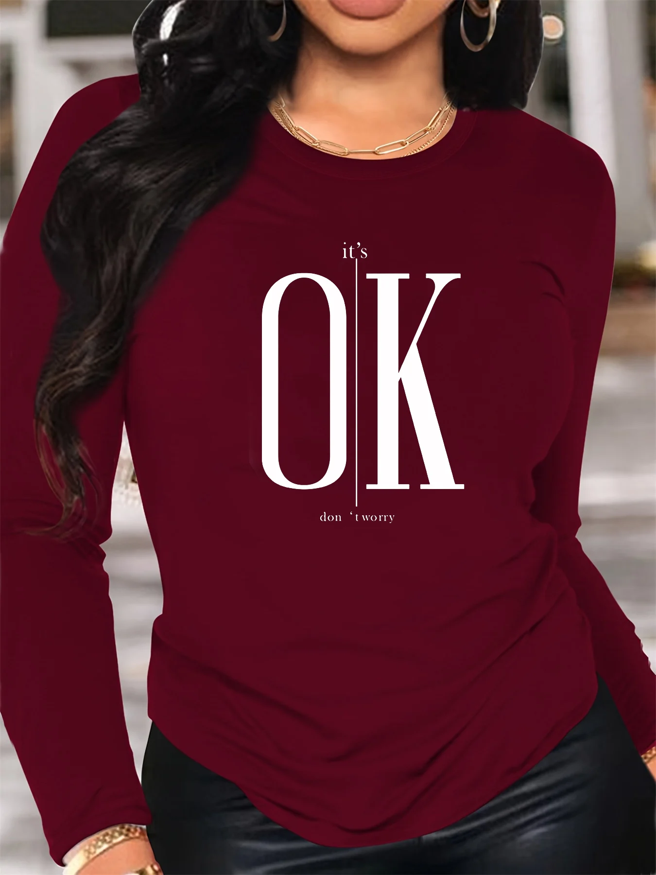 

Женская удобная повседневная футболка с круглым вырезом и принтом из 100% хлопка на весну и осень с длинными рукавами «I'm OK Don't Worry»