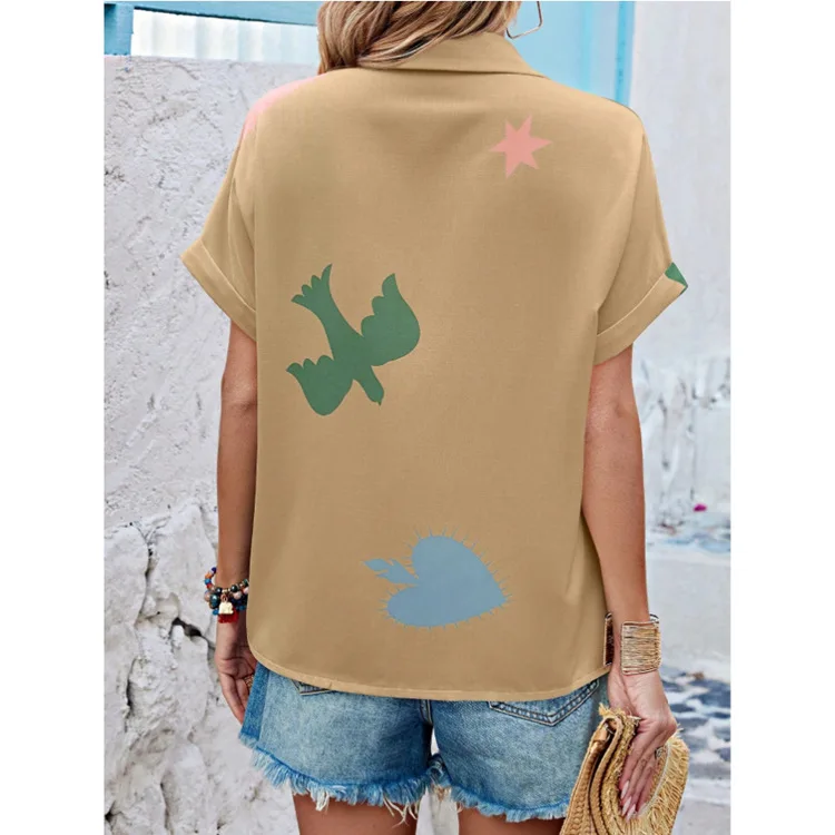 Moda impressa bolinhas camisa de manga curta feminina no verão casual solto botão topo para mulher 2025