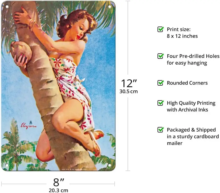 Pacifica Island Art Pick of the Crop - Up a Coconut Tree - Vintage Pin Up Girl Print by Gil Elvgren c.1964-8 x 12 inch Vintage M