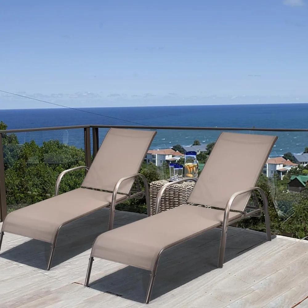 2 Pack Patio Lounge Chair 5 Adjustable Backrest Brown Outdoor Recliner with Steel Frame for Yard Beach Pool Balcony