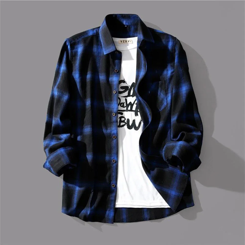 Men Daily Holiday Autumn Blouse Breathable Button Cardigan Long Sleeve Plaid Print Slight Stretch Male Causal Fashion Tops