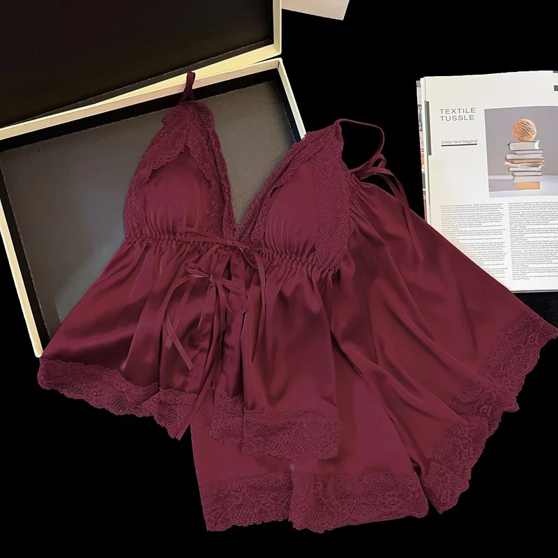 Women's V-Neck Padded Built-in Bra Tie Front Spaghetti Strap Shorts Pajama Set Lounge Sleepwear