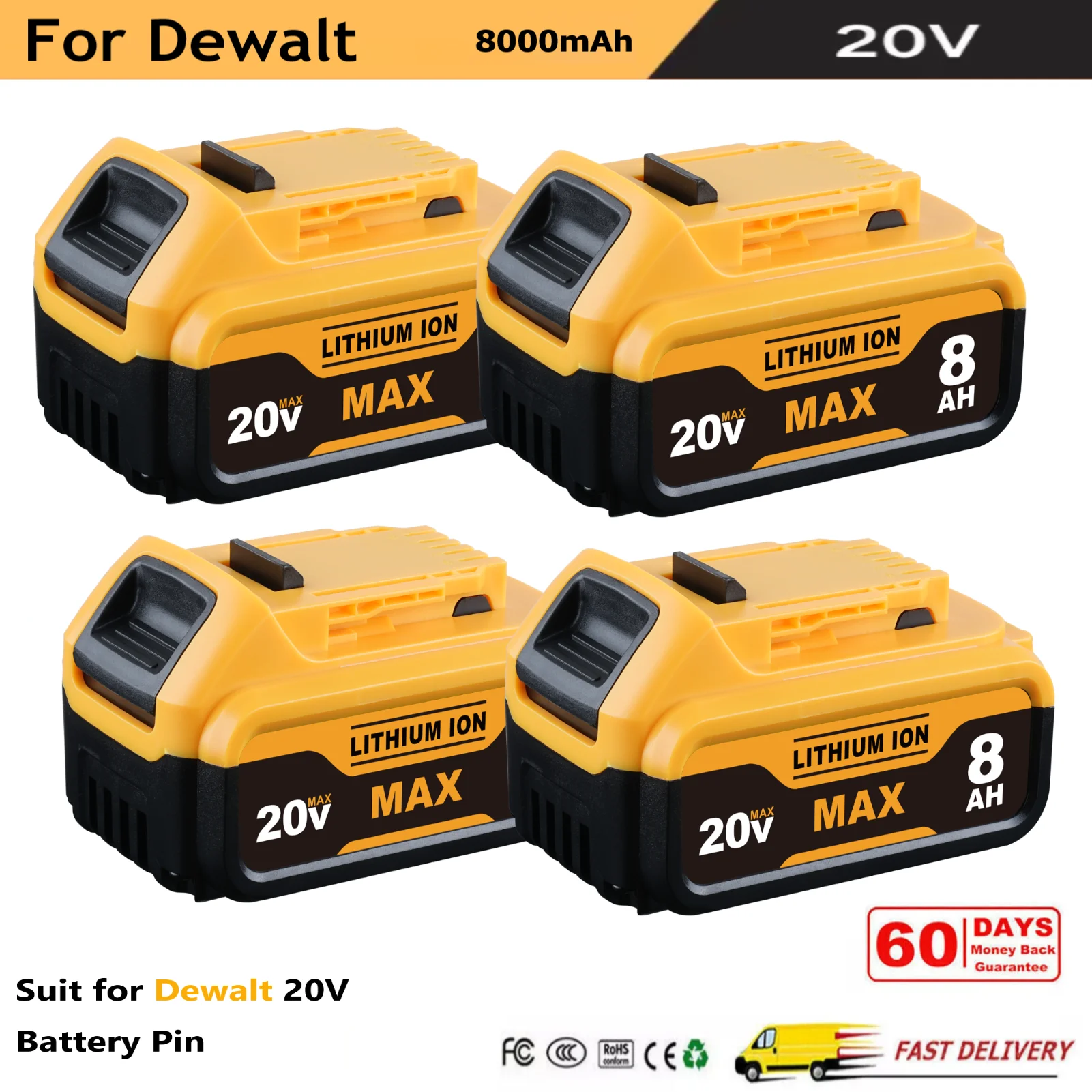 

1/2/4 упаковки, 8,0 Ач DCB205, замена штифта батареи Dewalt 20 В, DCB200 DCB201 DCB206 DCB207, подходит для инструментов и зарядных устройств 20 В