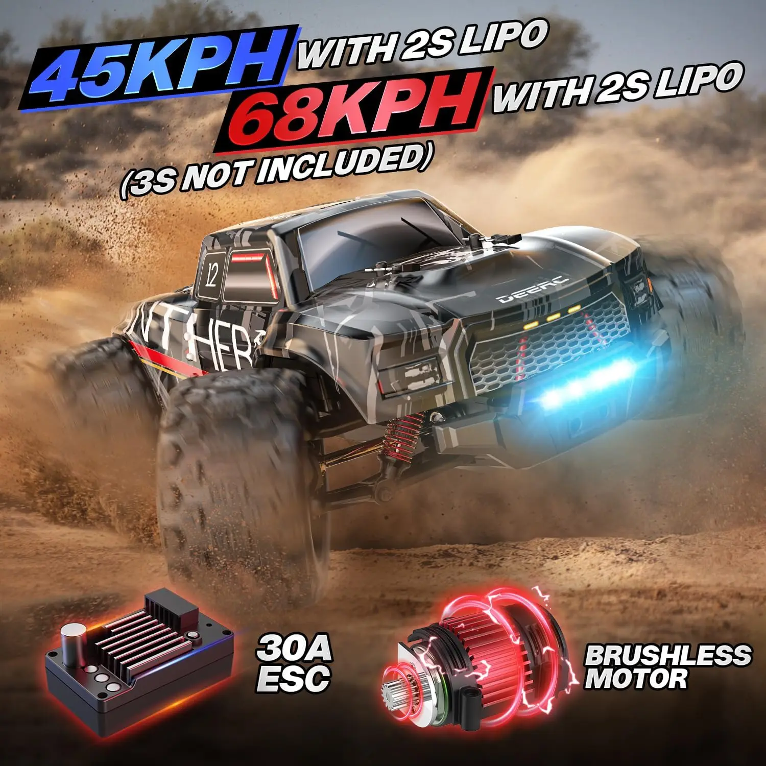 1/14 Brushless Fast Extreme 70kph 4X4 Off-Road Truck, 7 Lighting Modes Remote Control with 2 Li-ion Batteries, Electric Large Tr