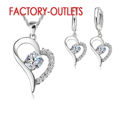 Real 925 Sterling Silver Bridal Jewelry Sets CZ Cubic Zircon Lovers' Heart Drop Necklaces Hoop Earrings Women Party Engagement