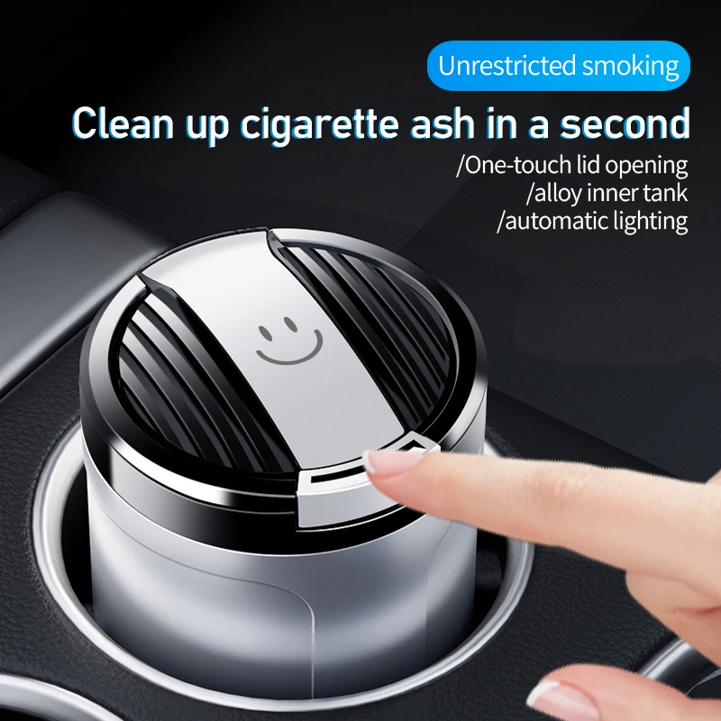 Car Ashtray Set, Interior Use, One Click Lid Opening, Large Capacity, Equipped with LED Lights and Metal Lining