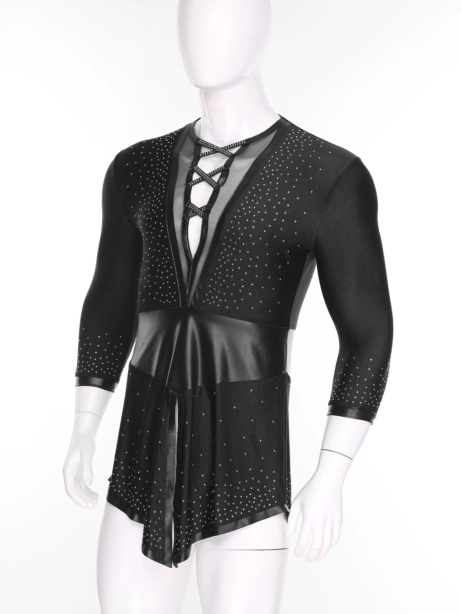 Mannen Latin Dans Shirts Strass Mesh V-hals Lange Mouw Swallowtail Dans Tops Tango Flamenco Ballrooms Ballet Dans Kostuums