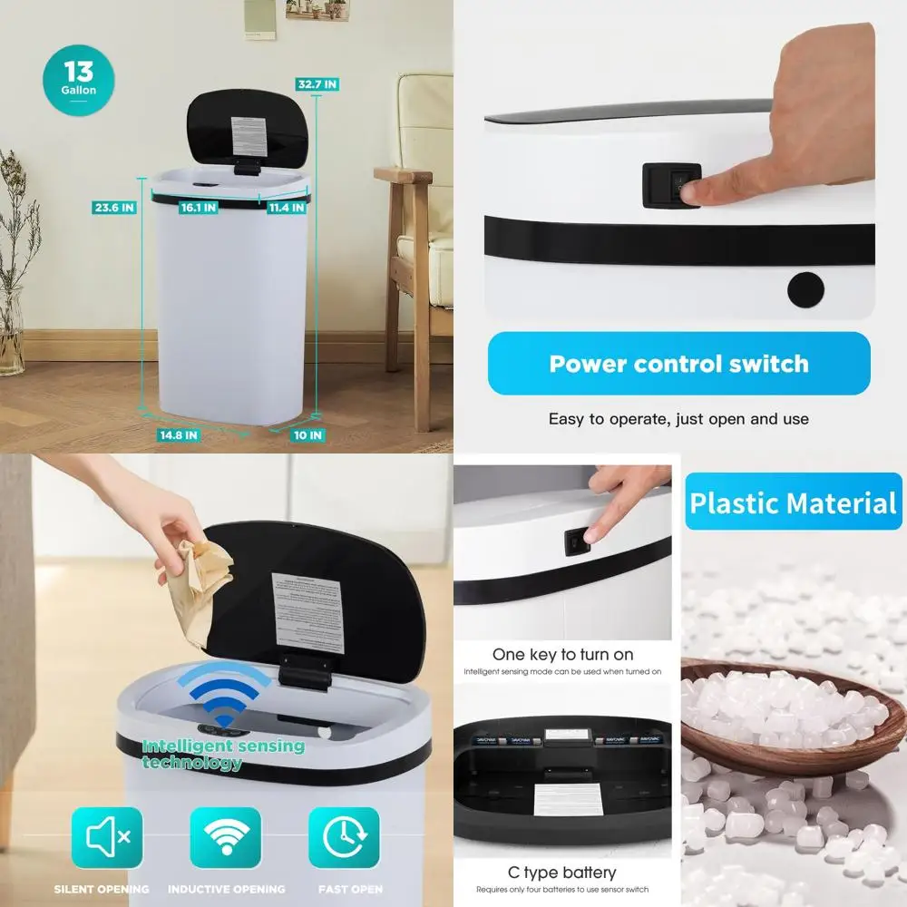 

13-Gallon White Touchless Trash Bin with Lid, Odor Control, Modern Oval, Easy Clean for Kitchen, Bath, Office