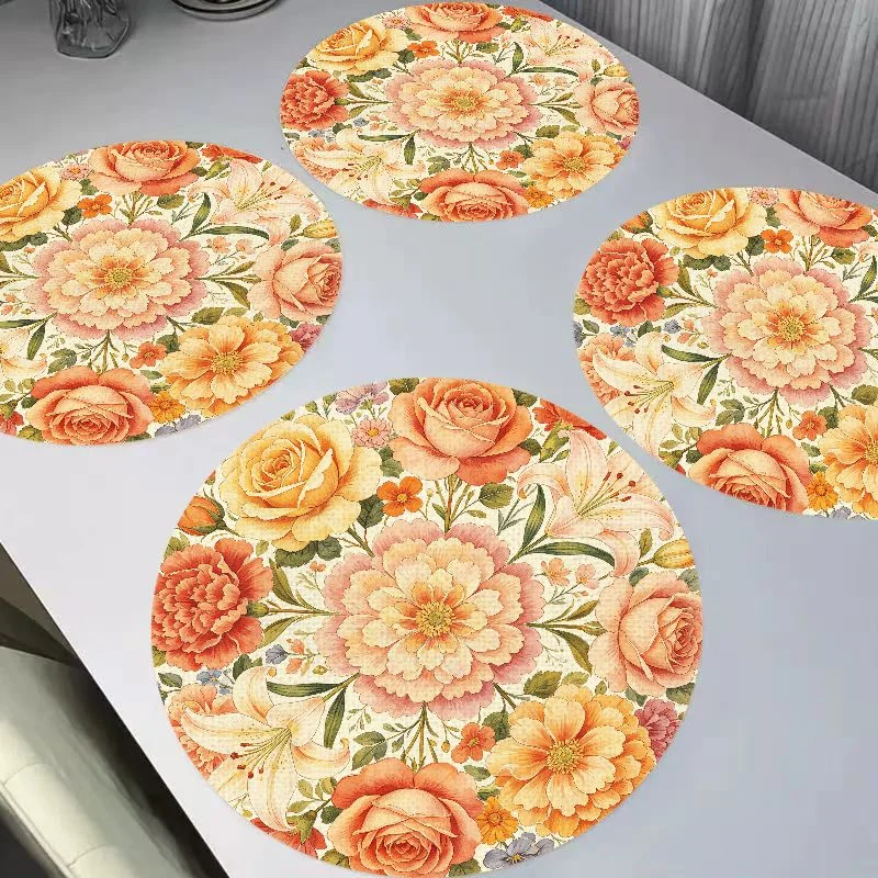 VIKAMA French Retro Warm Tone Rose Lily Peony Round Flax Meal Mat Thermal Insulation Wear resistant Table Mat Desktop Decor