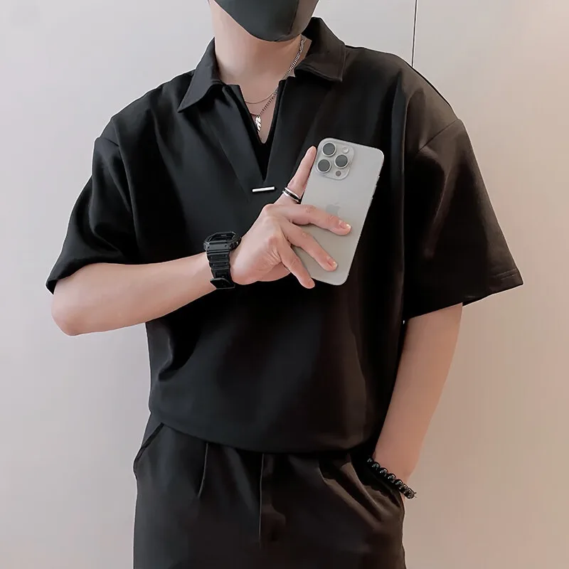 Light Luxury Fake Two Pieces V-neck Shirts for Men 2025 Summer Solid Color Loose Casual Short Sleeved Shirt Social Streetwear