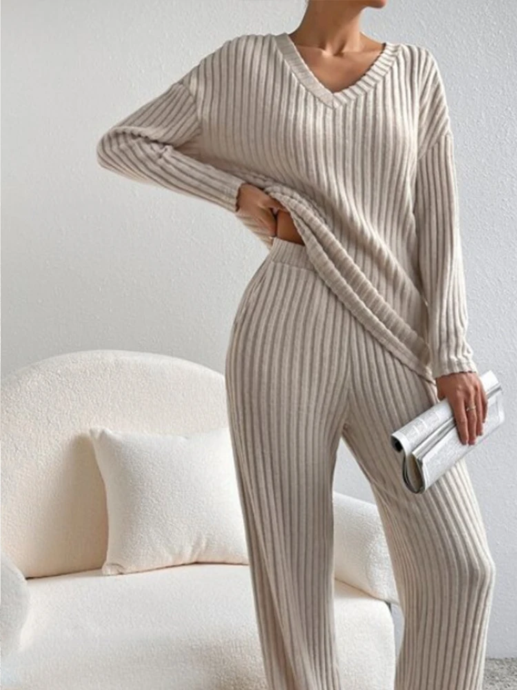 Ribbed Casual Loose Elegant Top Outfits Office Lady Straight V Neck Long Sleeve 2 piece Set Pants Women Winter Fall Chic Clothes