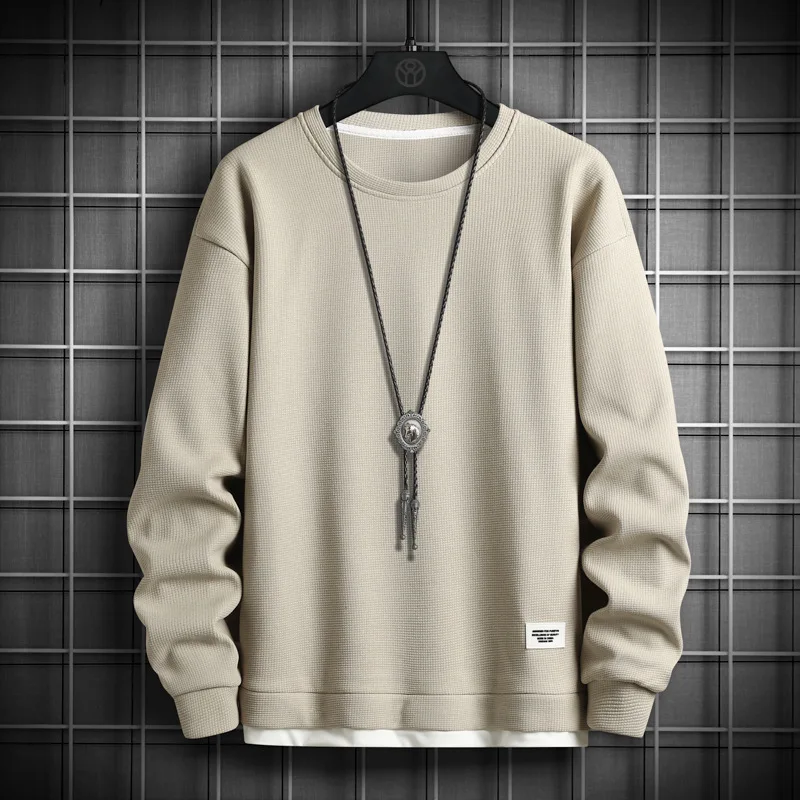 2025  Streetwear Waffle Knit Fake Two Piece Hoodie for Men Spring Autumn New Style